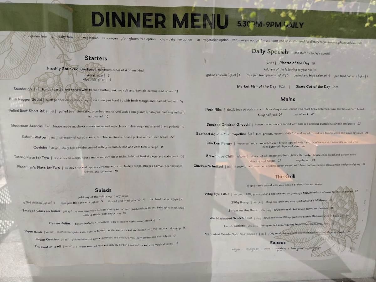 Menu, Brisbane Brewing Co. Woolloongabba