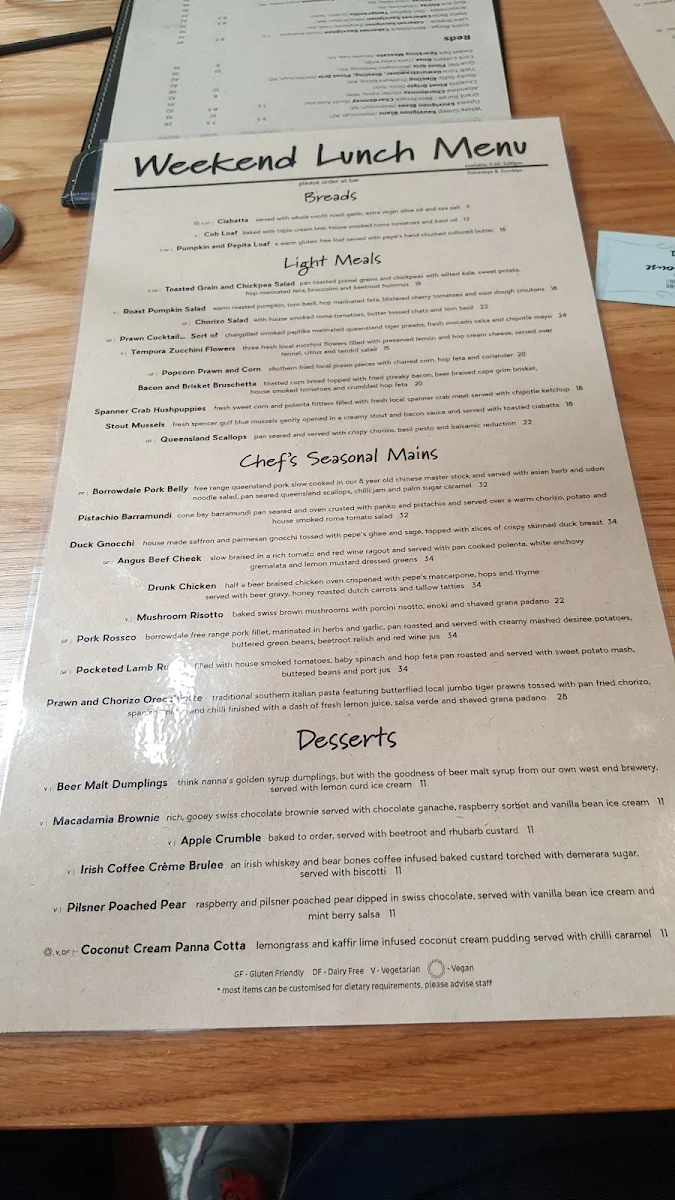 Menu, Brisbane Brewing Co. Woolloongabba