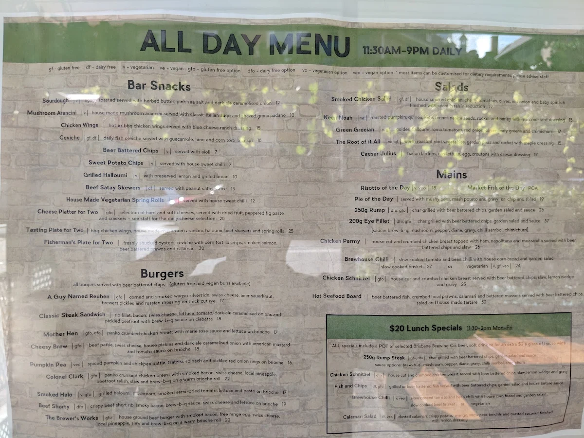 Menu, Brisbane Brewing Co. Woolloongabba