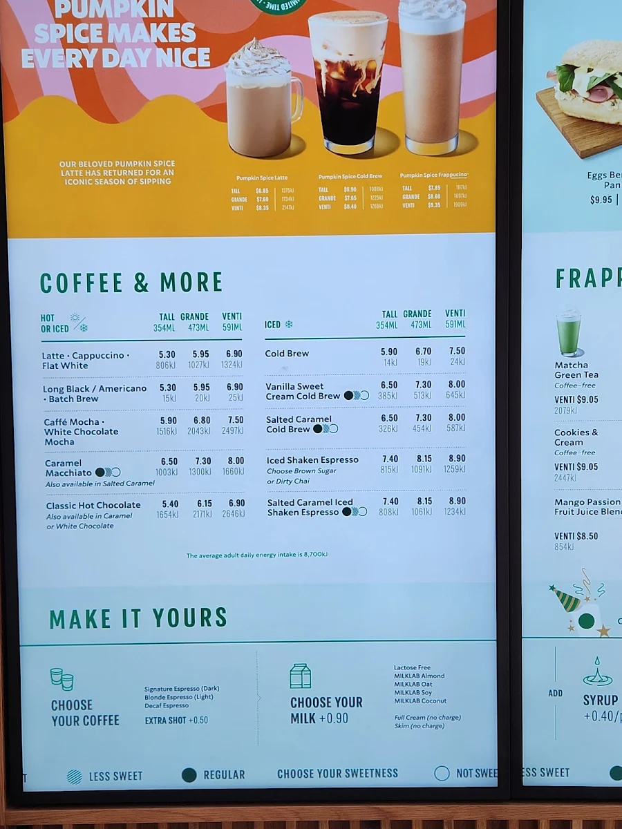 Menu, Starbucks Fountain Gate