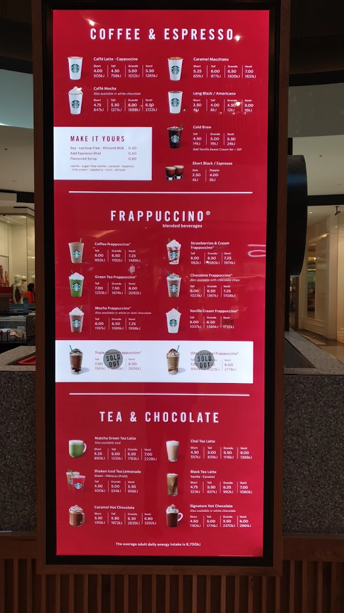 Menu, Starbucks Fountain Gate