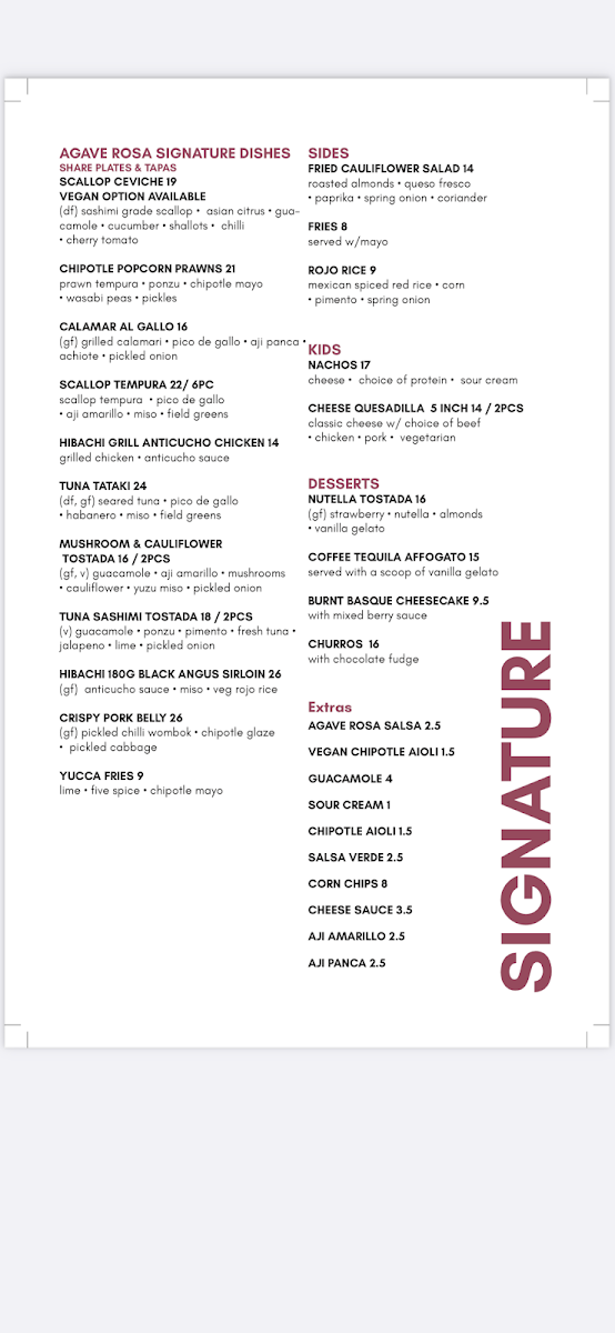 Menu, Agave Rosa | Restaurant & Taqueria