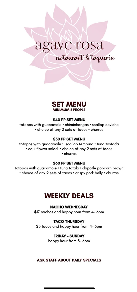 Menu, Agave Rosa | Restaurant & Taqueria