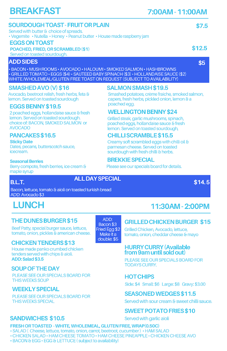 Menu, Dunes Cafe