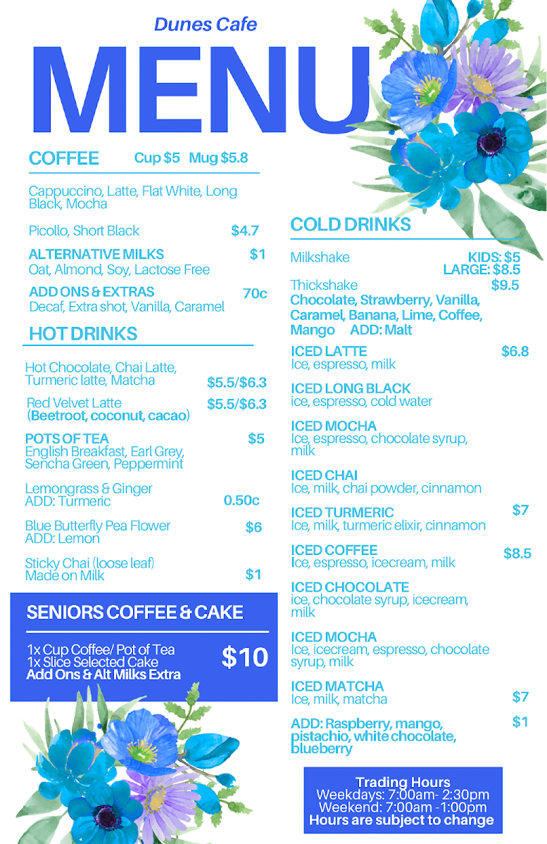 Menu, Dunes Cafe