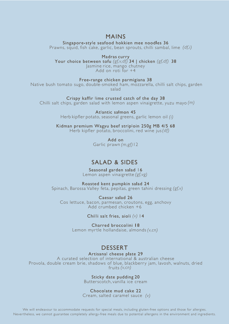 Menu, Straits Café (Rendezvous Hotel Perth Scarborough)