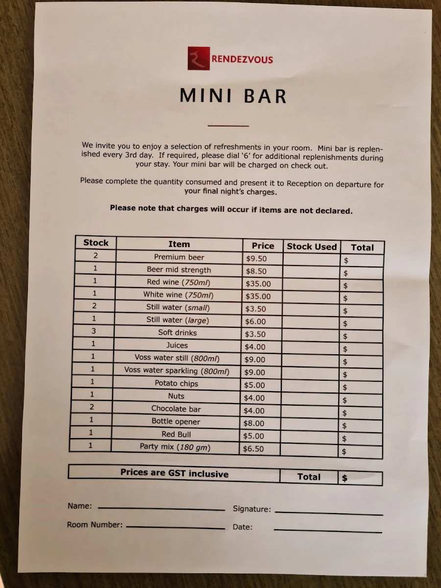 Menu, Straits Café (Rendezvous Hotel Perth Scarborough)