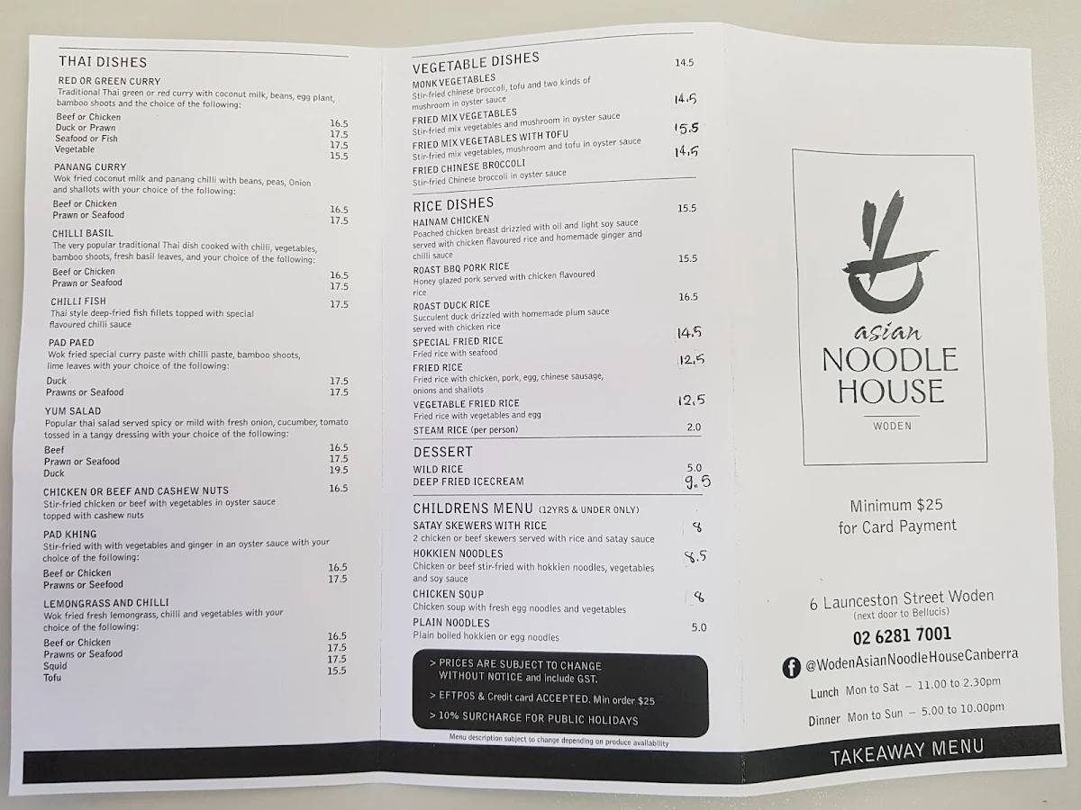Menu, Asian Noodle House Woden