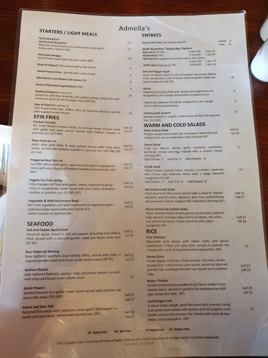 Menu, Admella's Bistro