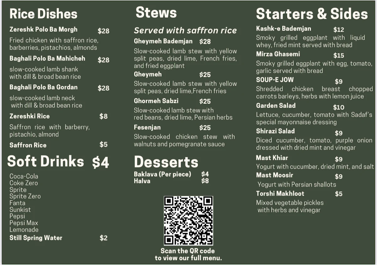 Menu, Sadaf Persian Restaurant - Blackburn