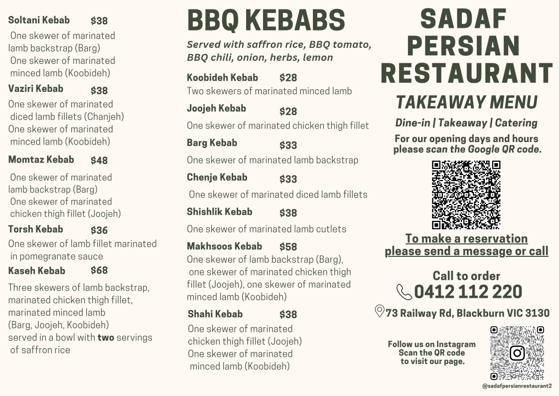 Menu, Sadaf Persian Restaurant - Blackburn