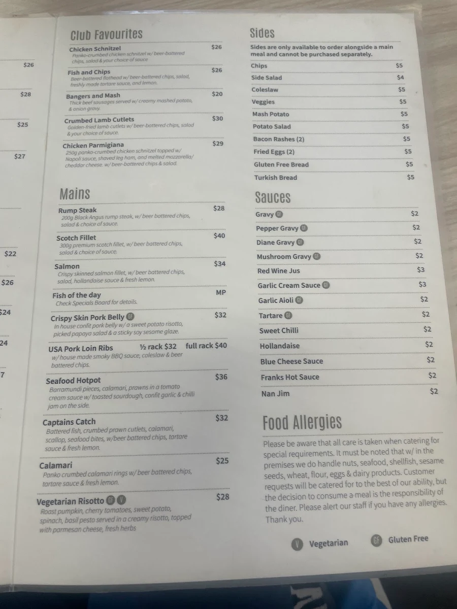 Menu, Kirra Beach Surf Club
