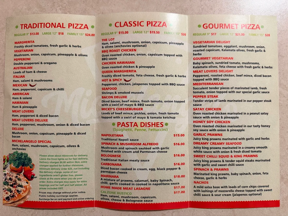 Menu, Michelangelo Dial A Pizza