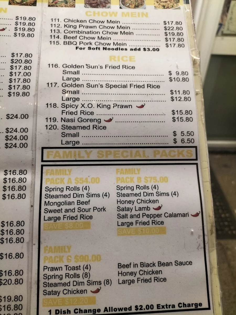 Menu, Mackay's Golden Sun Chinese Restaurant