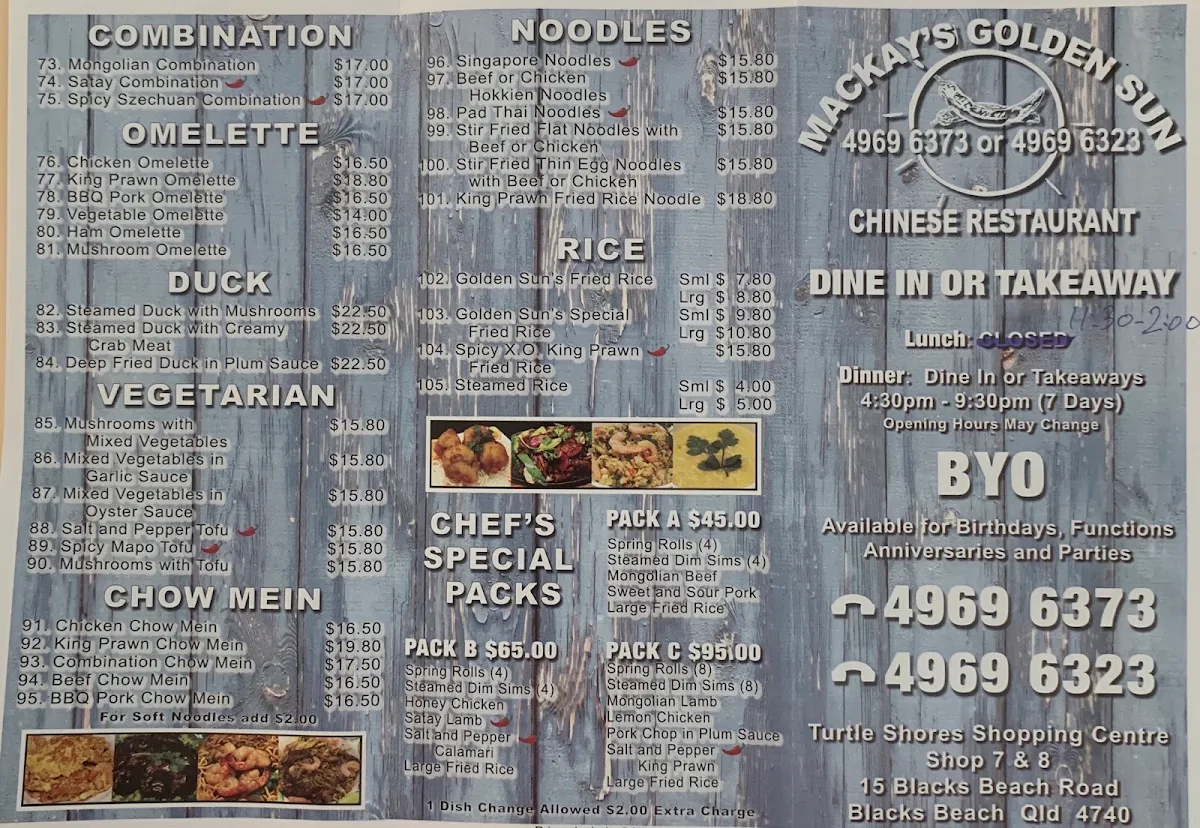 Menu, Mackay's Golden Sun Chinese Restaurant