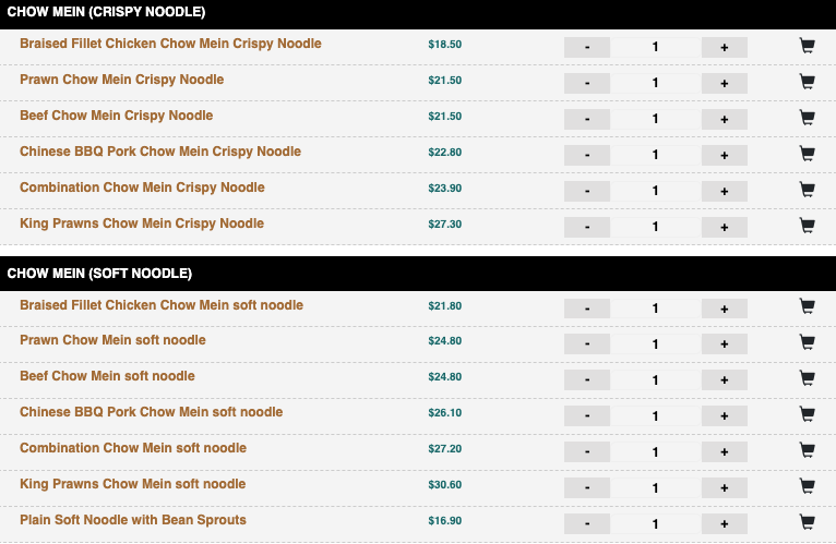 Menu, Dragon Palace