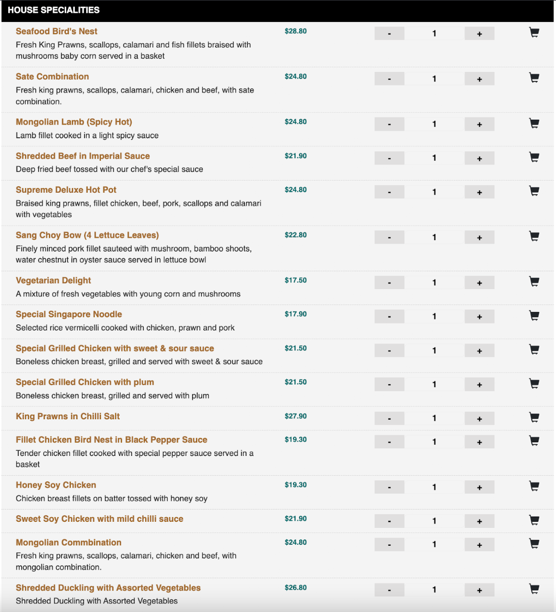 Menu, Dragon Palace