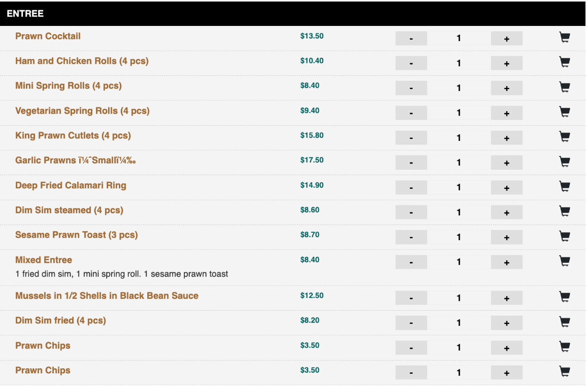 Menu, Dragon Palace