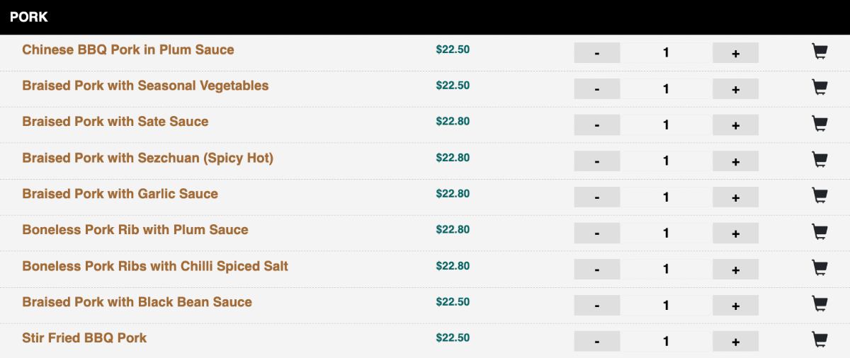 Menu, Dragon Palace