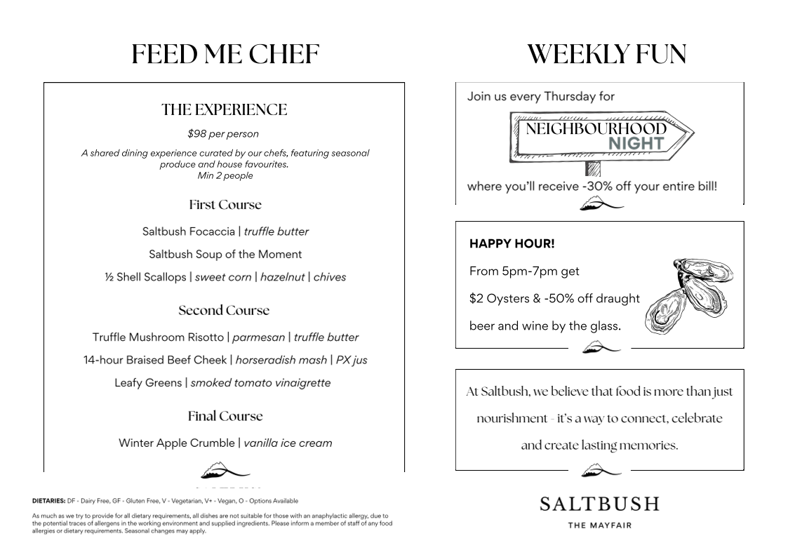 Menu, Saltbush Restaurant Emerald