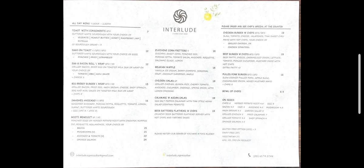 Menu, Interlude Espresso Bar