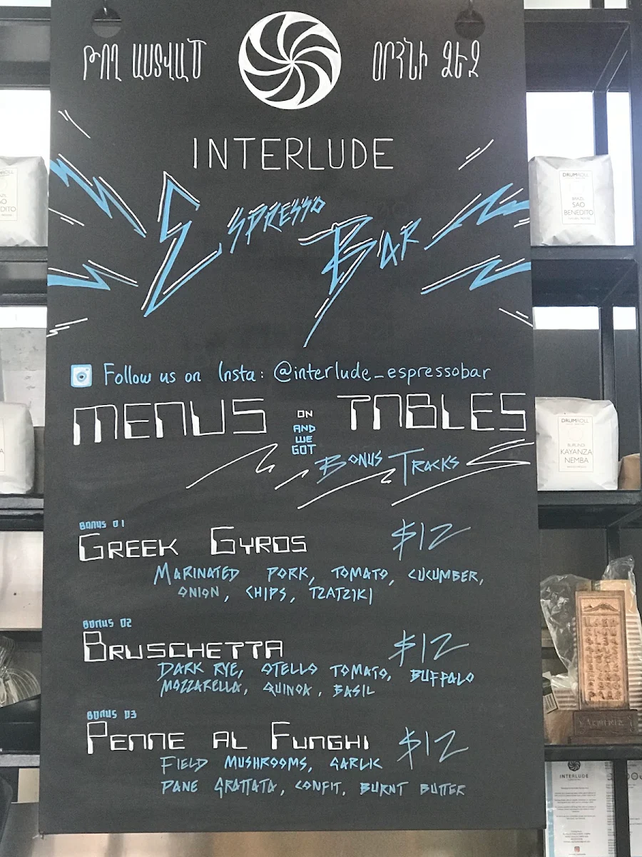 Menu, Interlude Espresso Bar