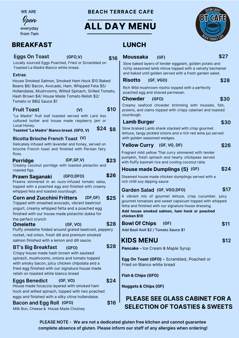Menu, Beach Terrace Cafe