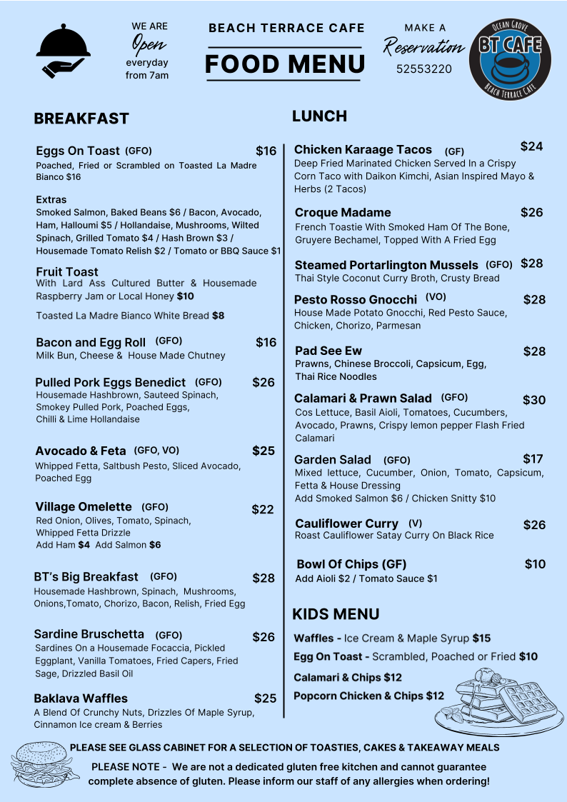 Menu, Beach Terrace Cafe