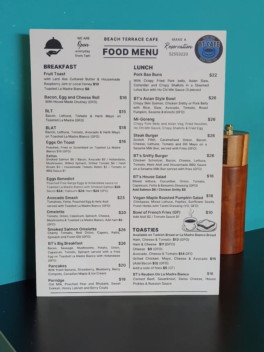 Menu, Beach Terrace Cafe