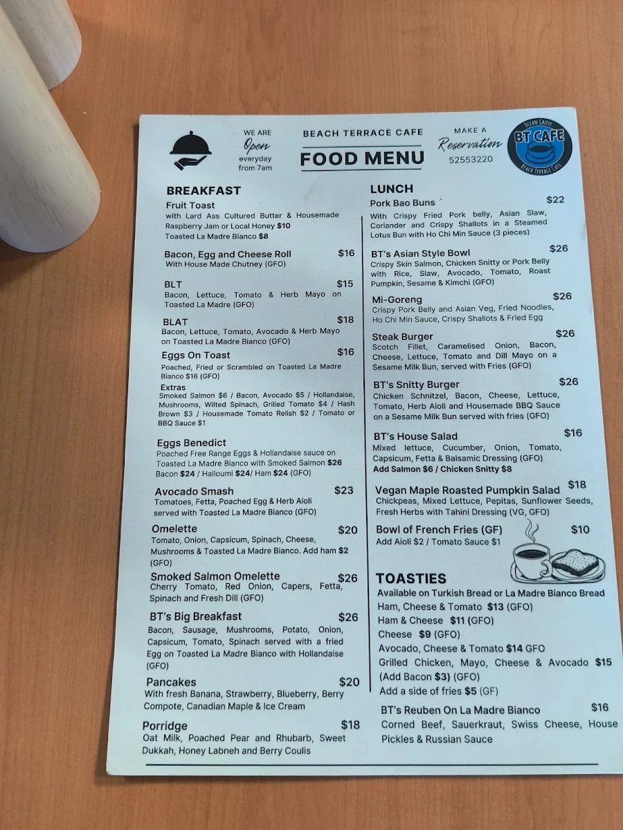 Menu, Beach Terrace Cafe