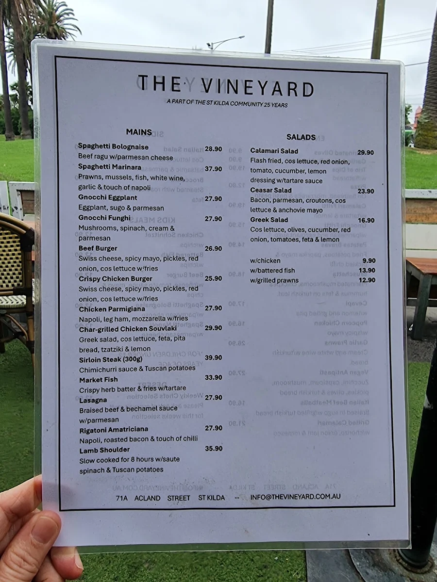 Menu, The Vineyard Restaurant