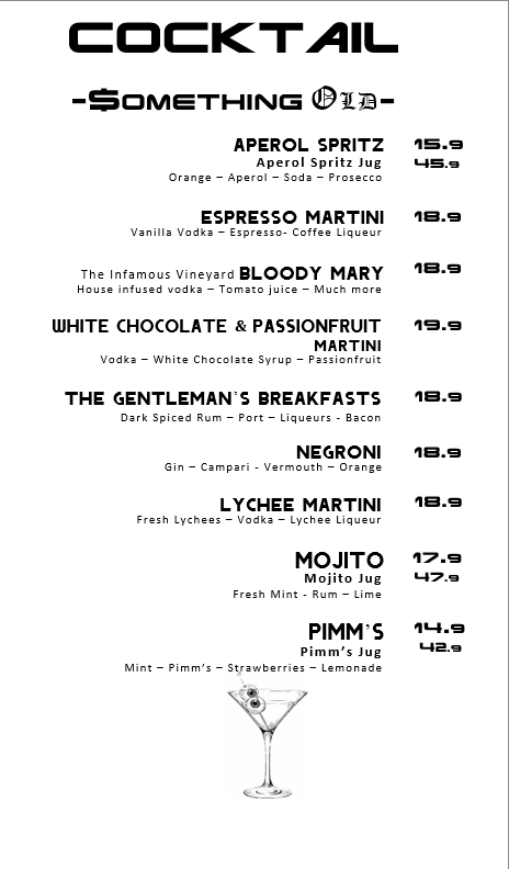Menu, The Vineyard Restaurant