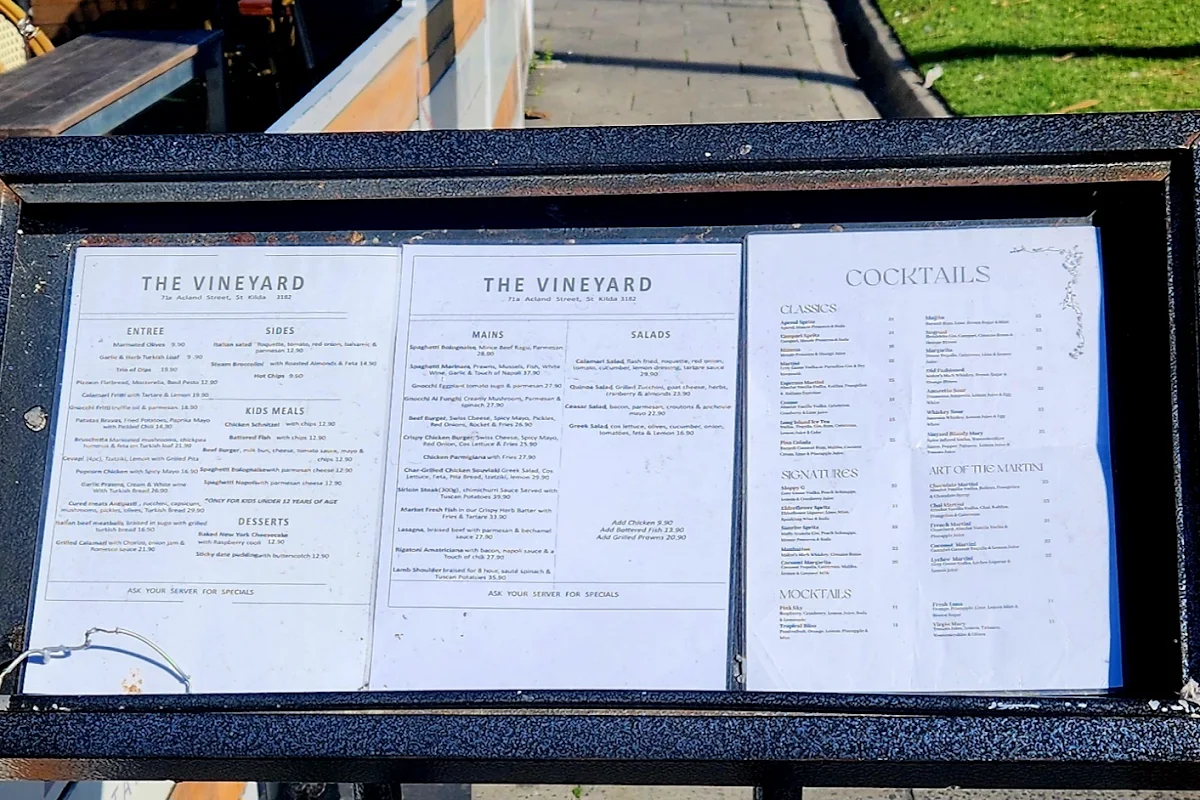 Menu, The Vineyard Restaurant