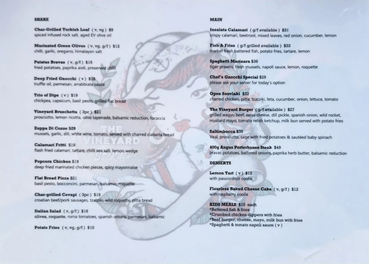 Menu, The Vineyard Restaurant