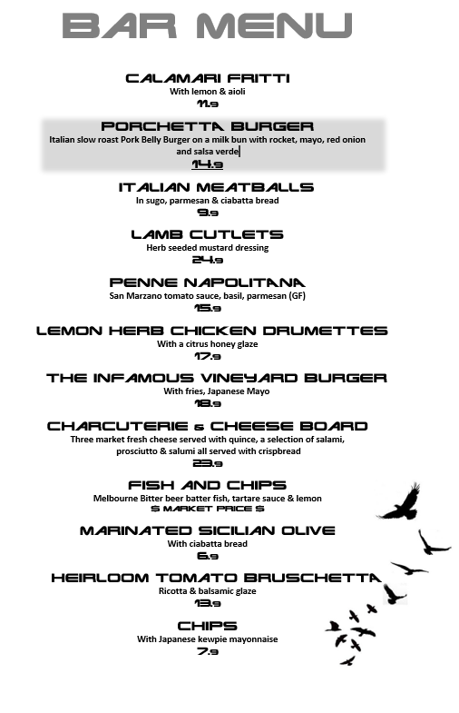 Menu, The Vineyard Restaurant