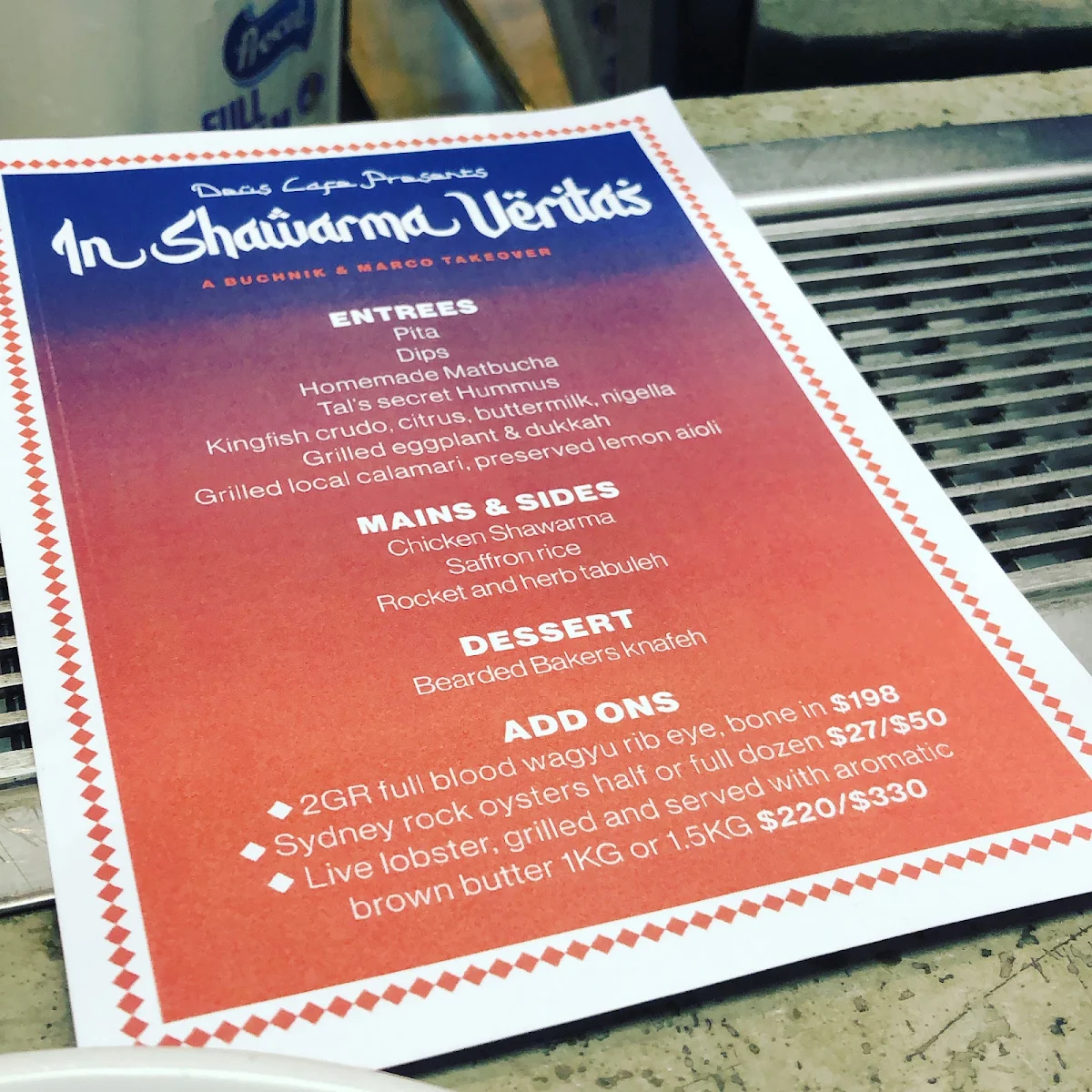 Menu, Deus Cafe Camperdown