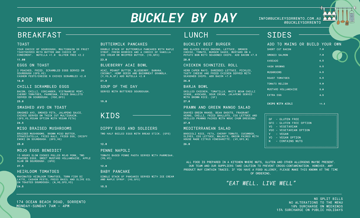 Menu, Buckley Sorrento