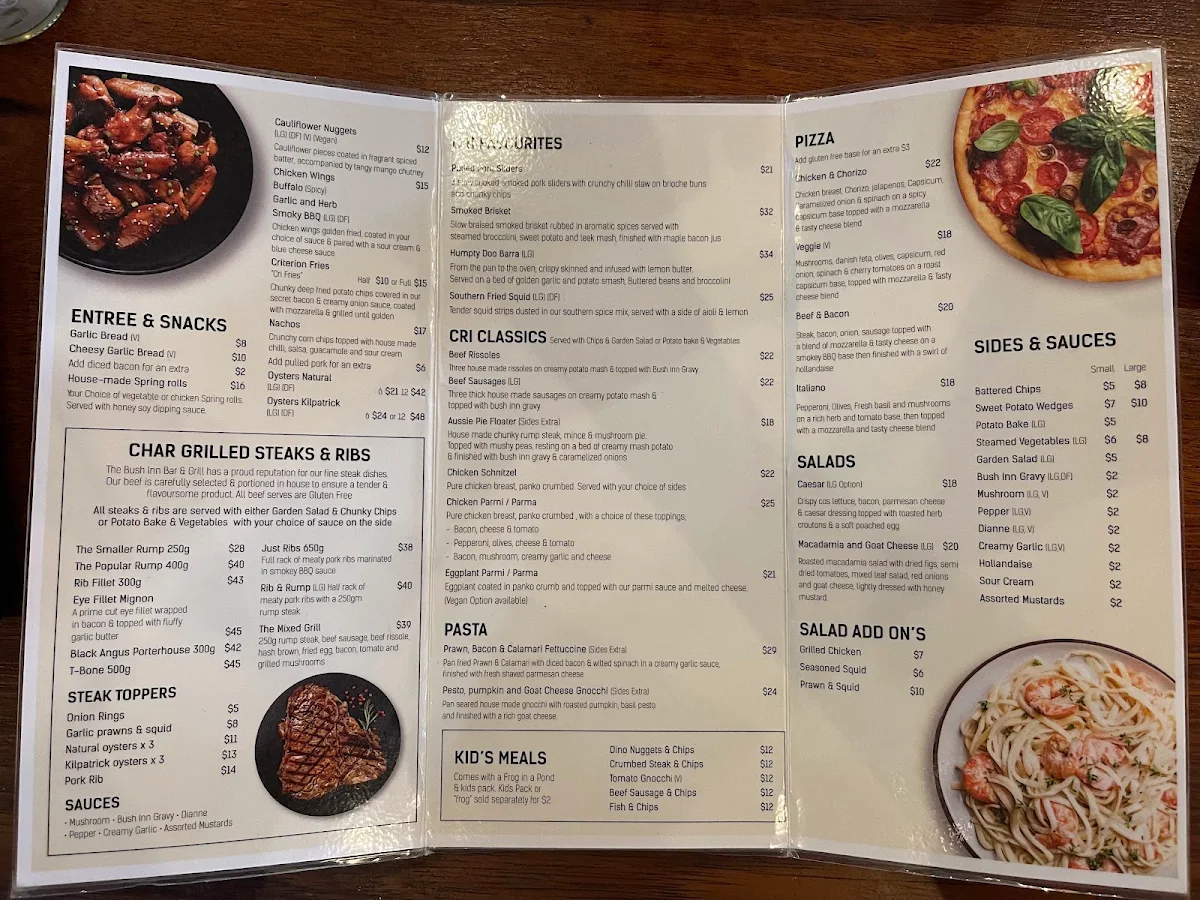 Menu, The Bush Inn Bar & Grill Steak House
