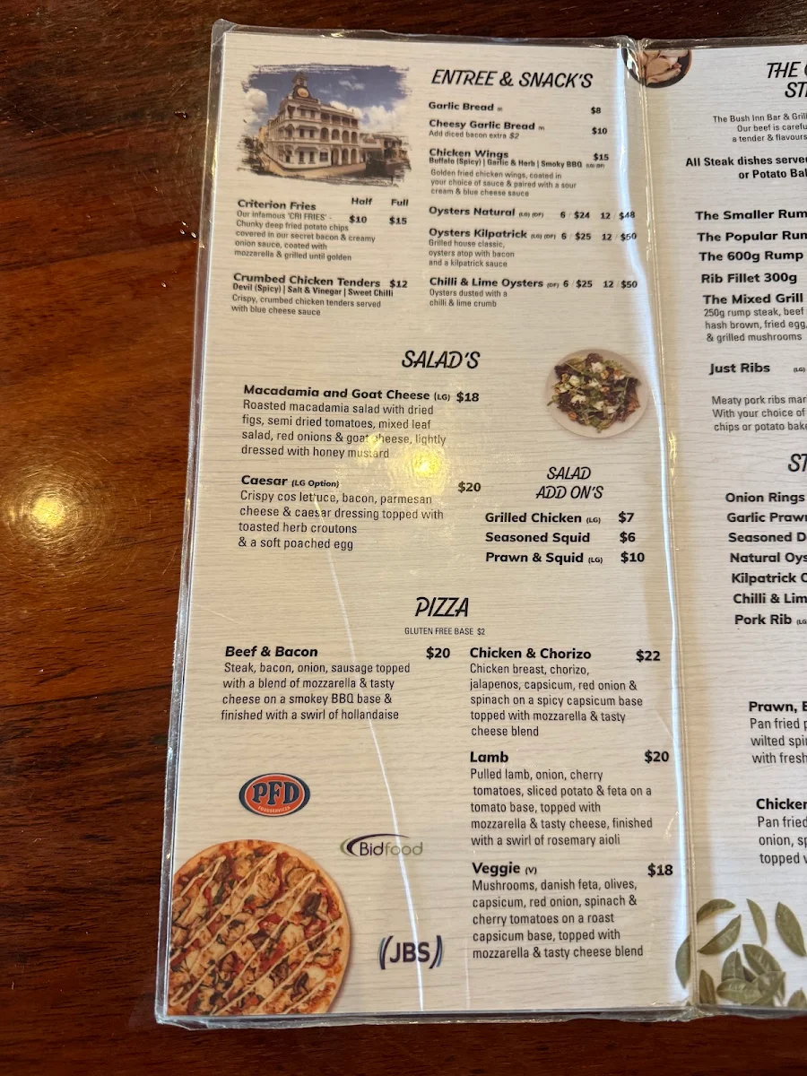 Menu, The Bush Inn Bar & Grill Steak House