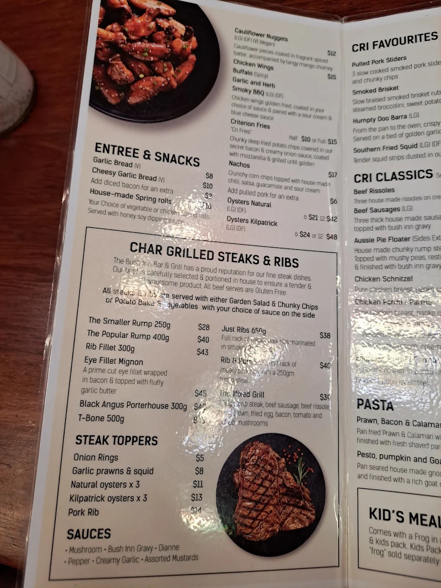 Menu, The Bush Inn Bar & Grill Steak House