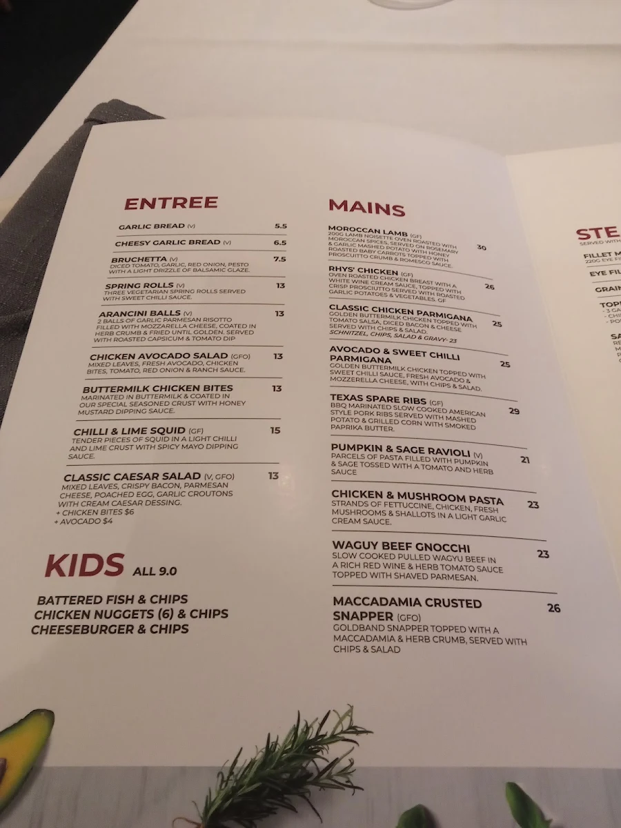 Menu, Rhys' Restaurant
