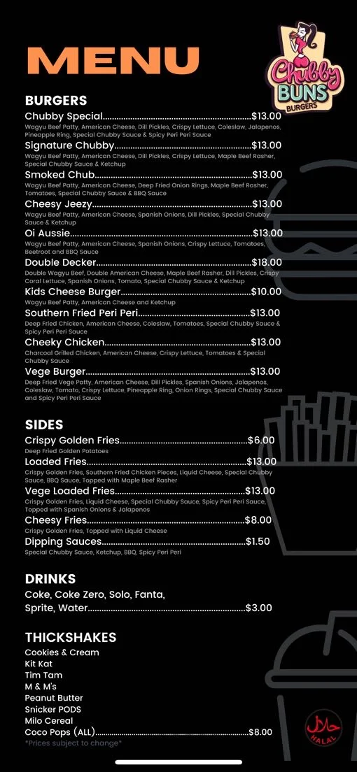Menu, Chubby Buns Burgers Penrith