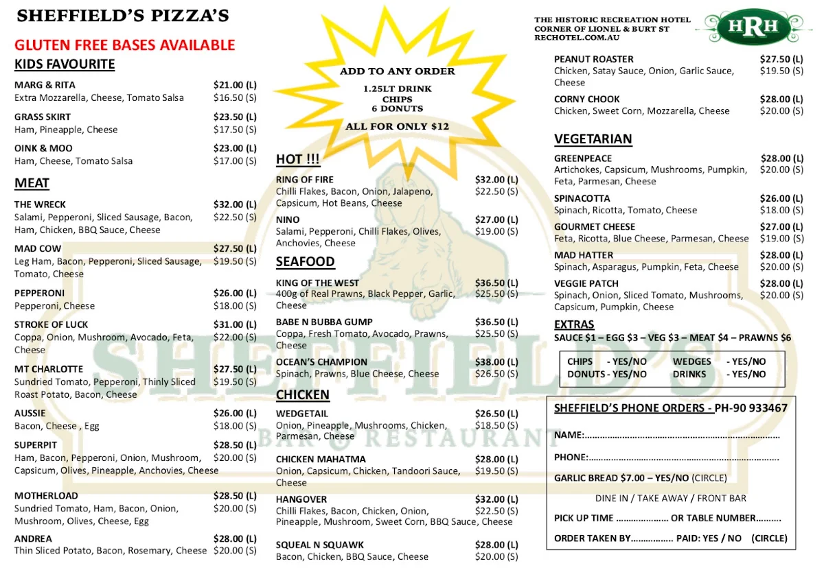 Menu, Sheffield's Bar, Restaurant and Woodfired Pizzas