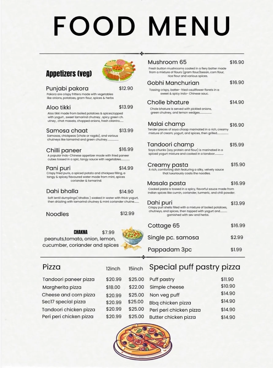 Menu, Sector 17 Indian Cuisine