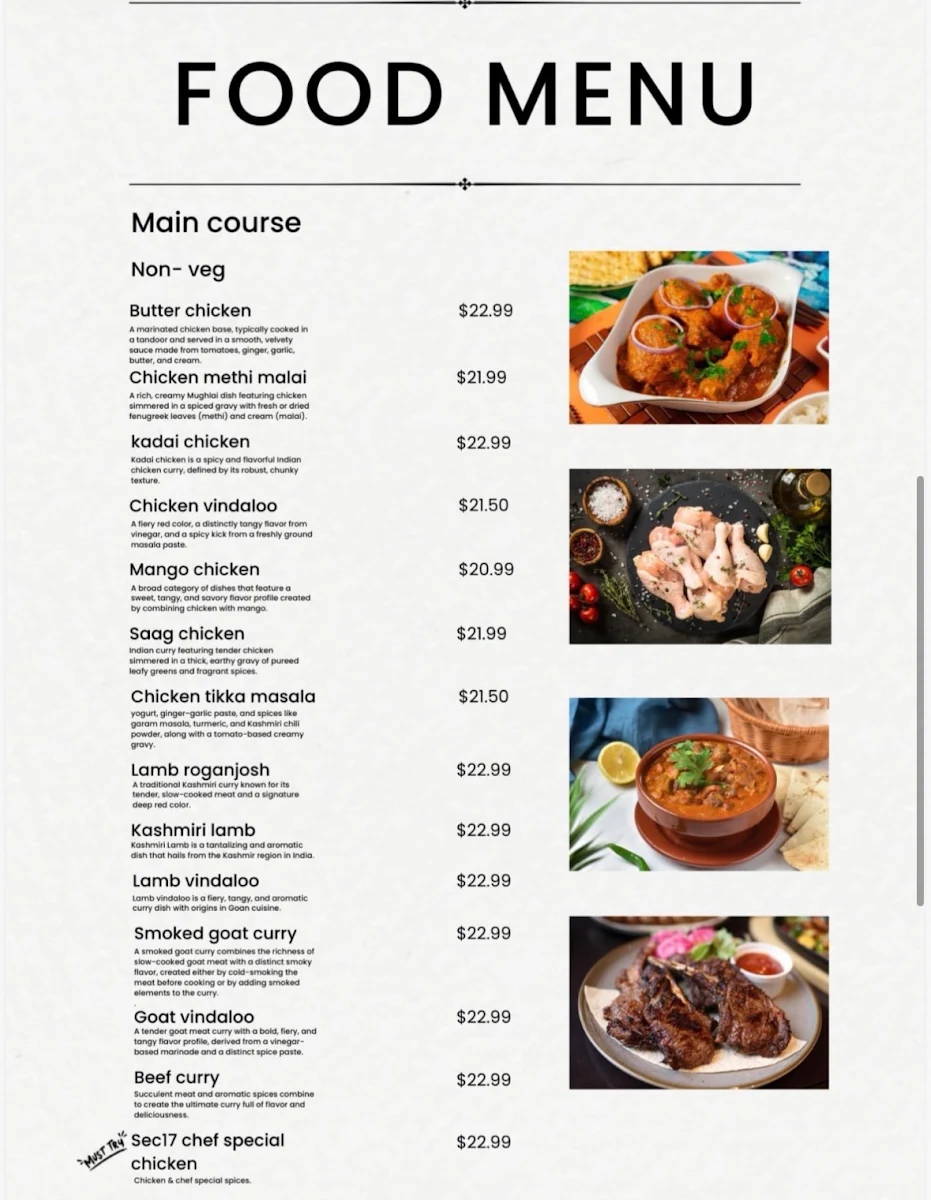 Menu, Sector 17 Indian Cuisine