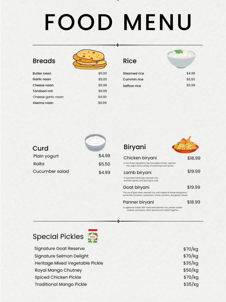 Menu, Sector 17 Indian Cuisine