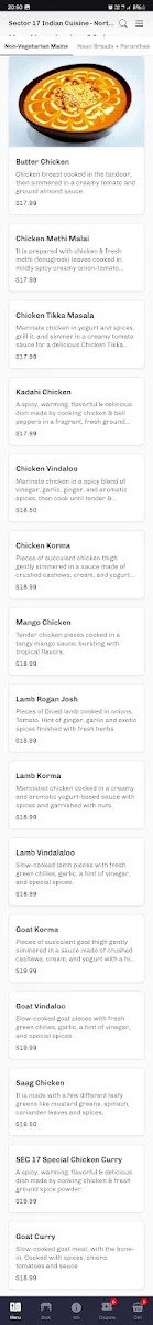Menu, Sector 17 Indian Cuisine