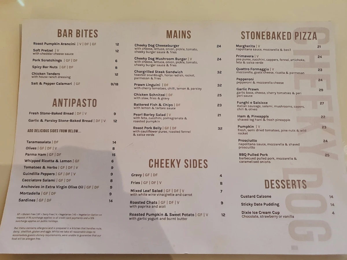 Menu, Cheeky Dog