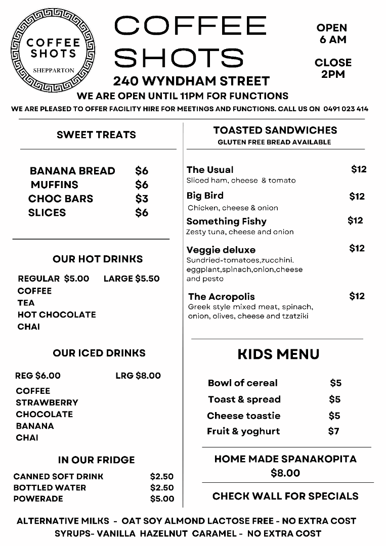 Menu, Coffee Shots Coffee Shop