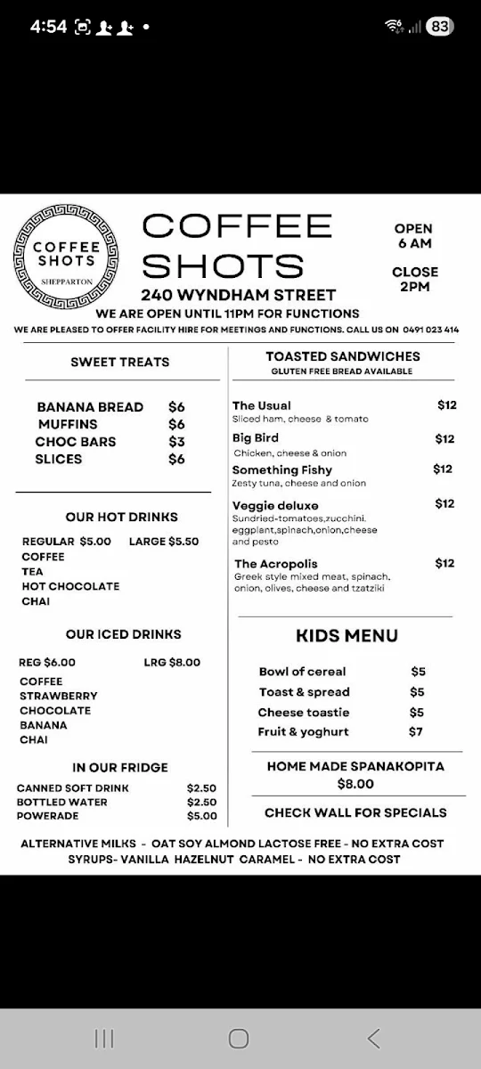 Menu, Coffee Shots Coffee Shop